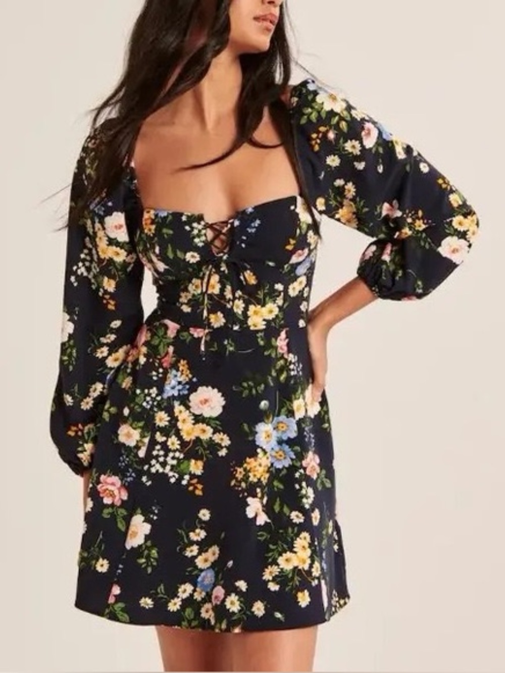 Abercrombie & Fitch Navy Floral Lace-Up Sweetheart Long Sleeve Mini Dress